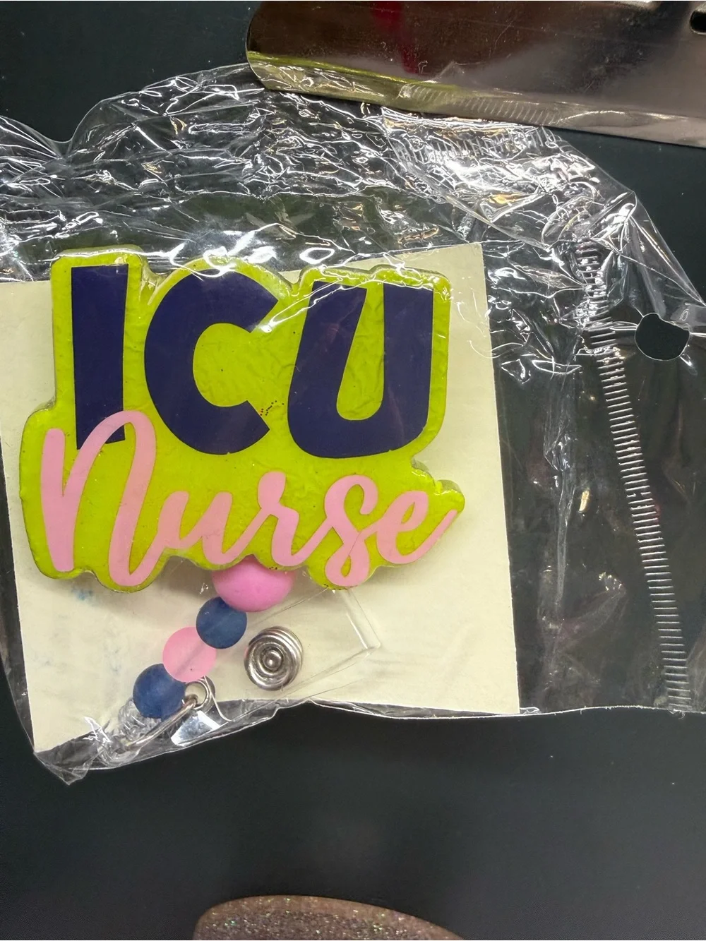 ICU Nurse Badge Reel - Neon Green, Navy & Pink